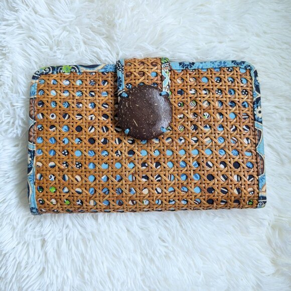Vera Bradley Handbags - Vera Bradley, Tiki Clutch in Bali Blue Print, Coconut Button, Woven Rattan, RARE